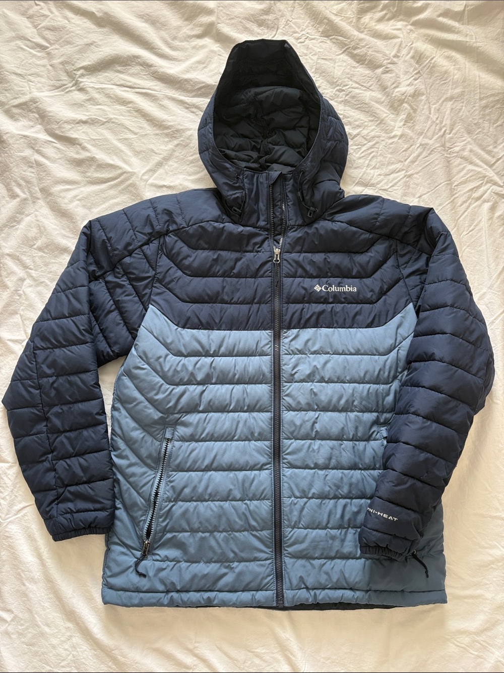 Columbia Men's Two-Tone Navy and Light Blue Hooded Puffer Jacket